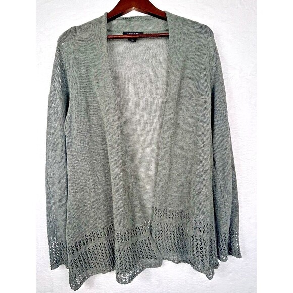 Tahari Linen Blend Cardigan Sz‎ L Light Olive Green Open Front Coastal Neutral - Picture 1 of 8